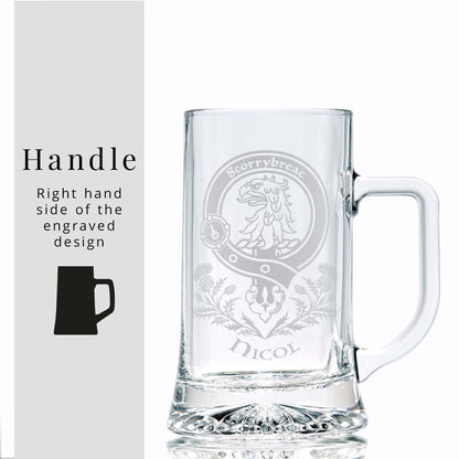 Scottish clan crest tankard engraved with the Nicol family crest and motto