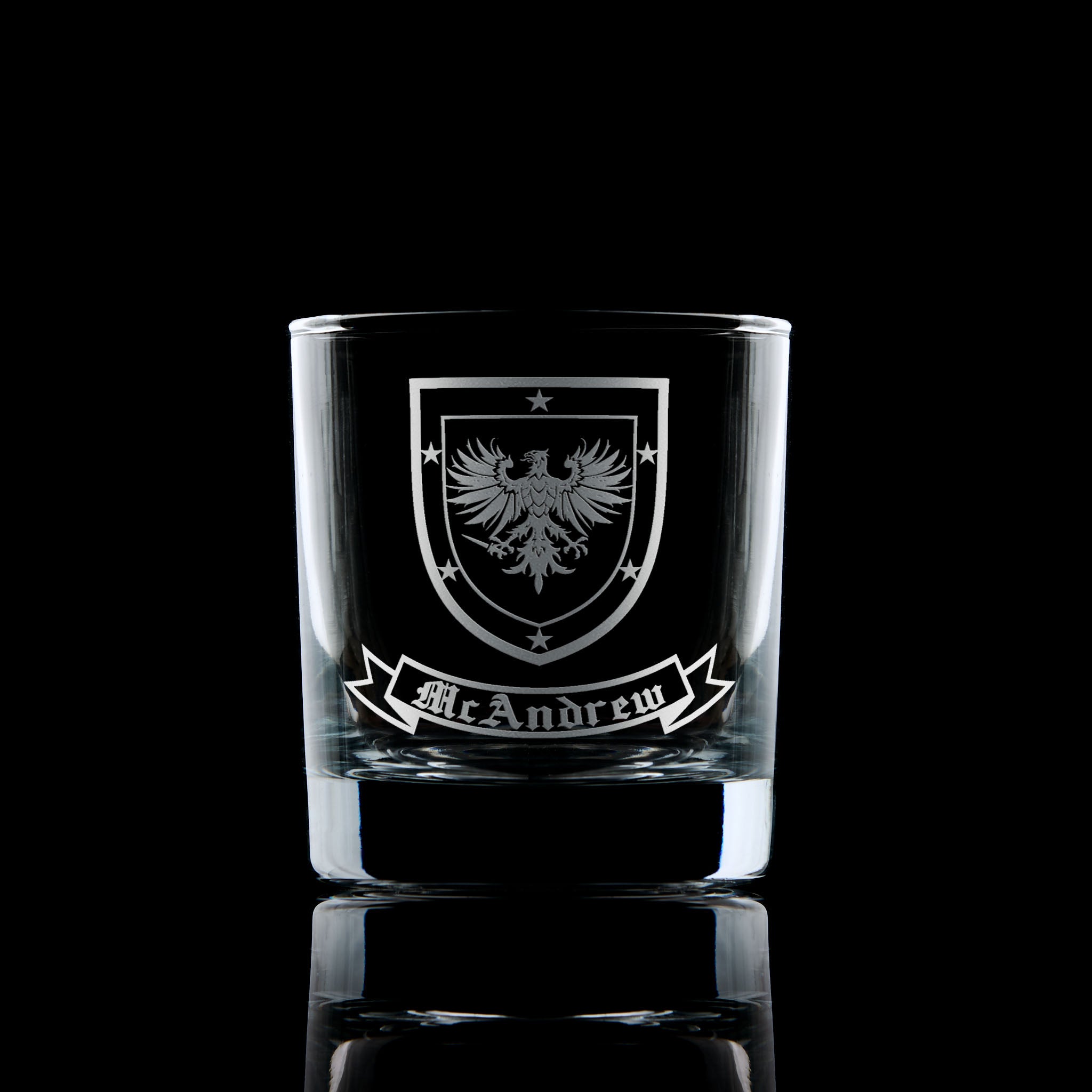 Personalised whisky tumbler engraved with the McAndrew coat of arms family crest
