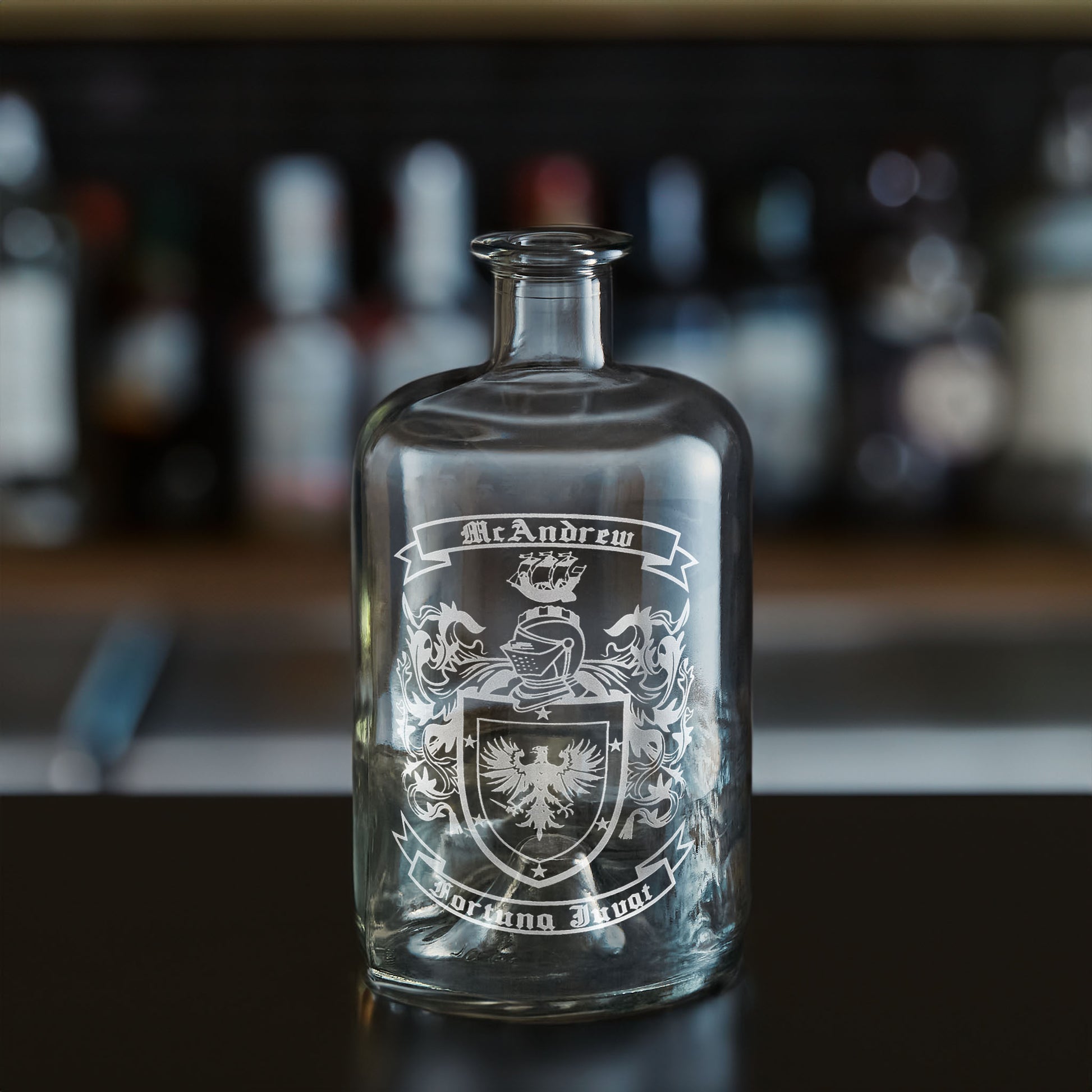 family crest and coat of arms engraved whisky decanter