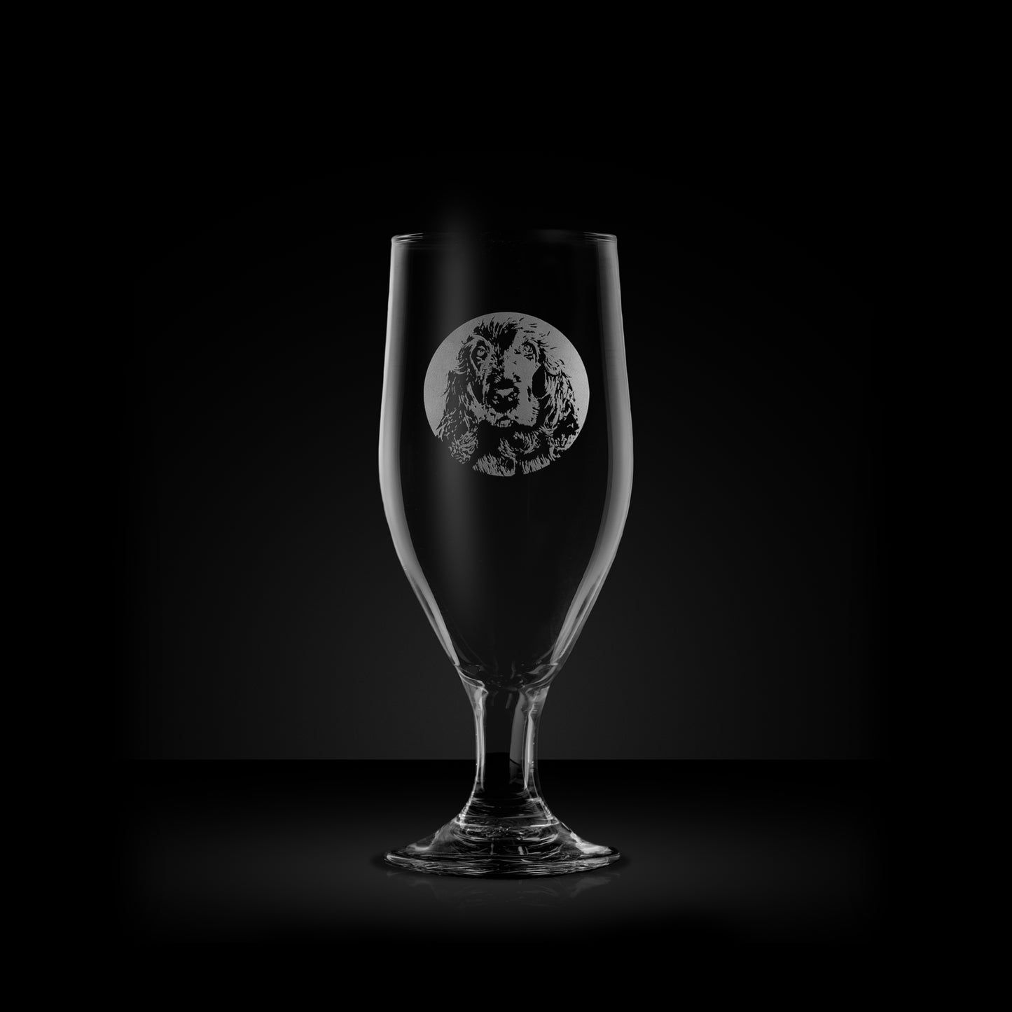 stemmed beer glass engraved with a portrait of a cocker spaniel dog