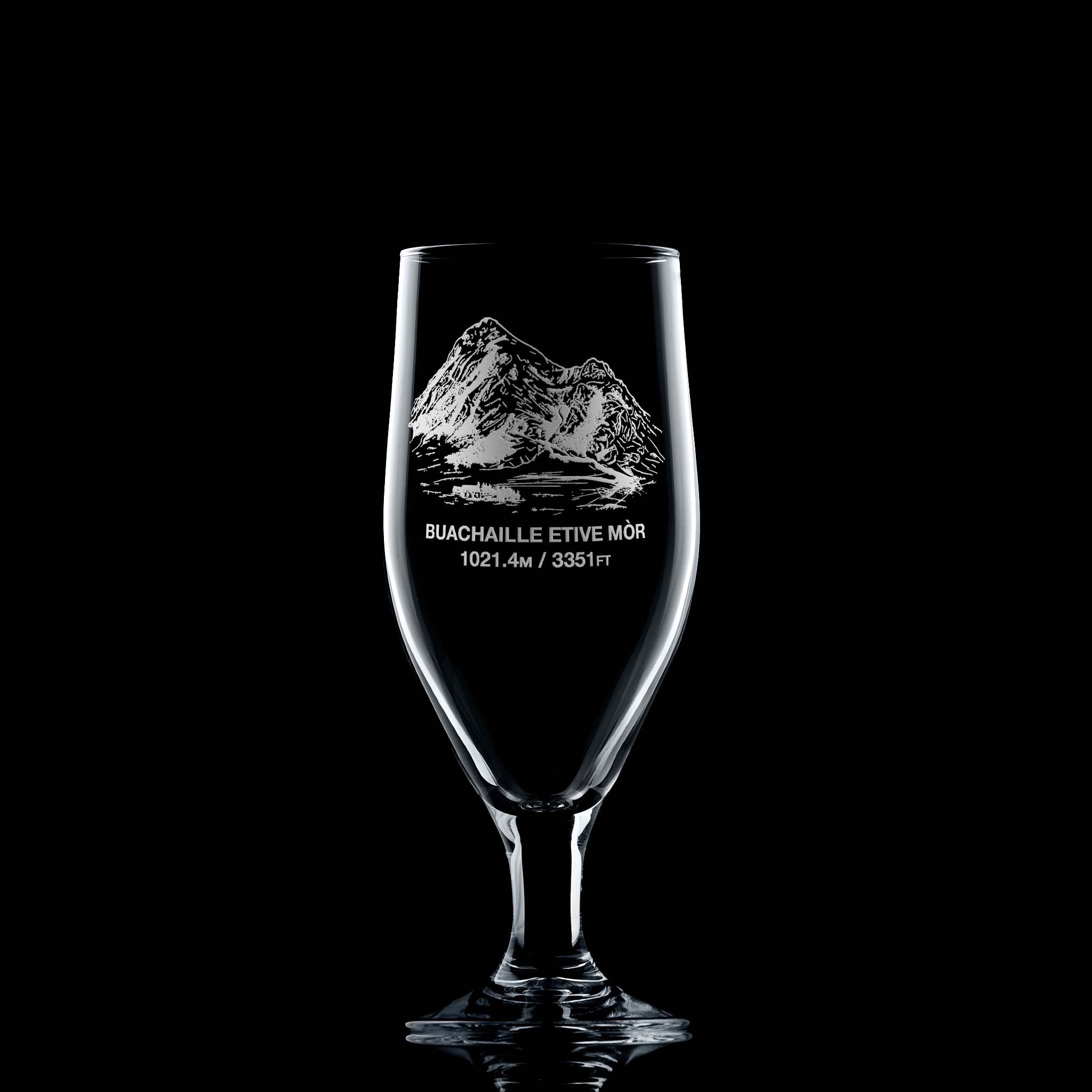 Small stemmed beer glass engraved with a view of Buachaille Etive Mor, Coire na Tulaich from the A82