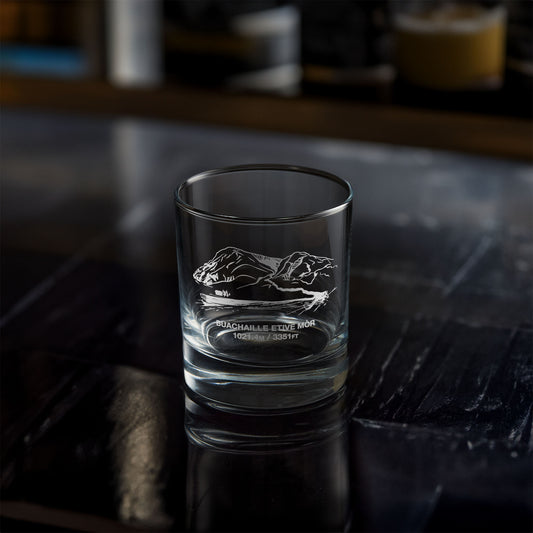 whisky glass engraved with a scottish mountain in glencoe