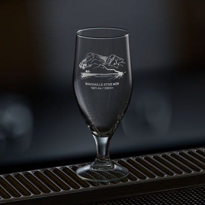 chalice style stemmed beer glass engraved with a scottish mountain in glencoe