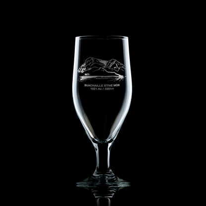 chalice style stemmed beer glass engraved with a scottish mountain in glencoe