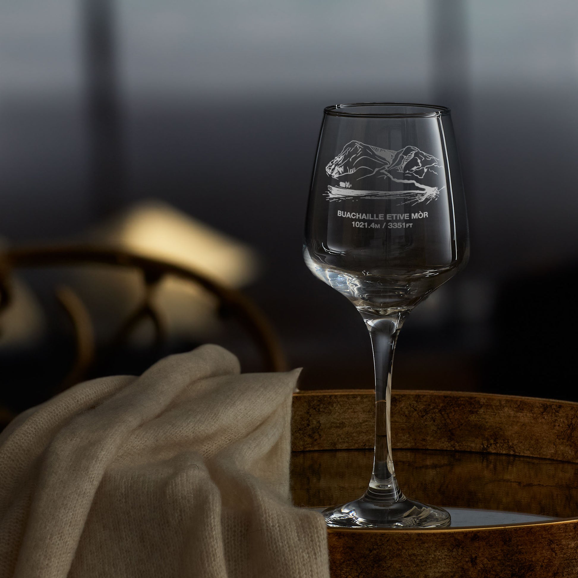 stemmed wine glass engraved with a scottish mountain in glencoe