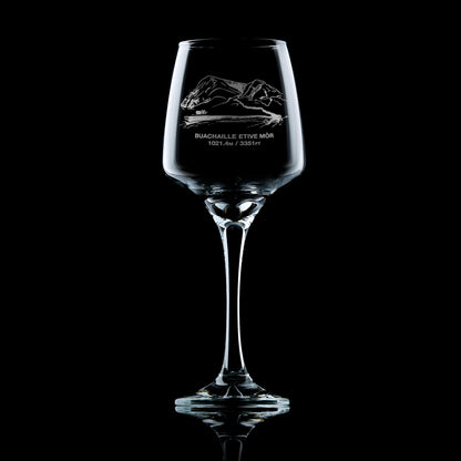 stemmed wine glass engraved with a scottish mountain in glencoe