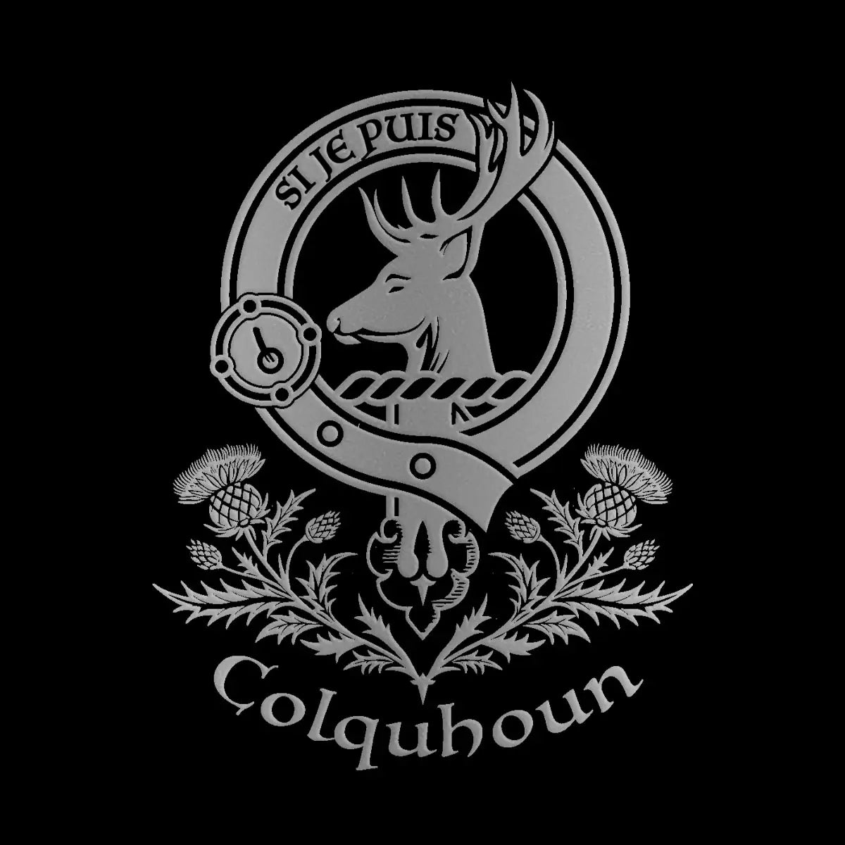 Engraved Colquhoun clan crest design — digital mock-up for reference; artwork engraved by Just The Ticket in our Fife studio