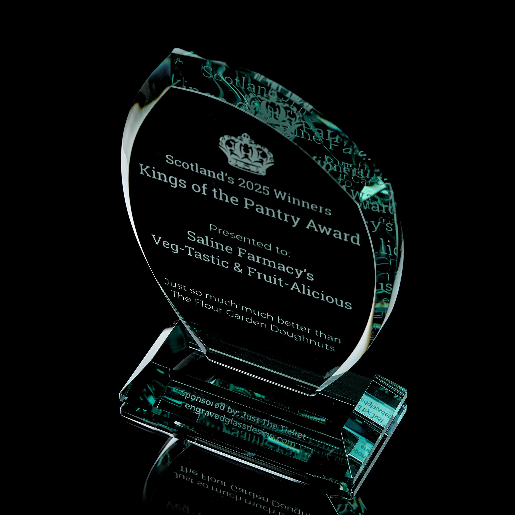 Jade glass award engraved with a company name and custom inscription