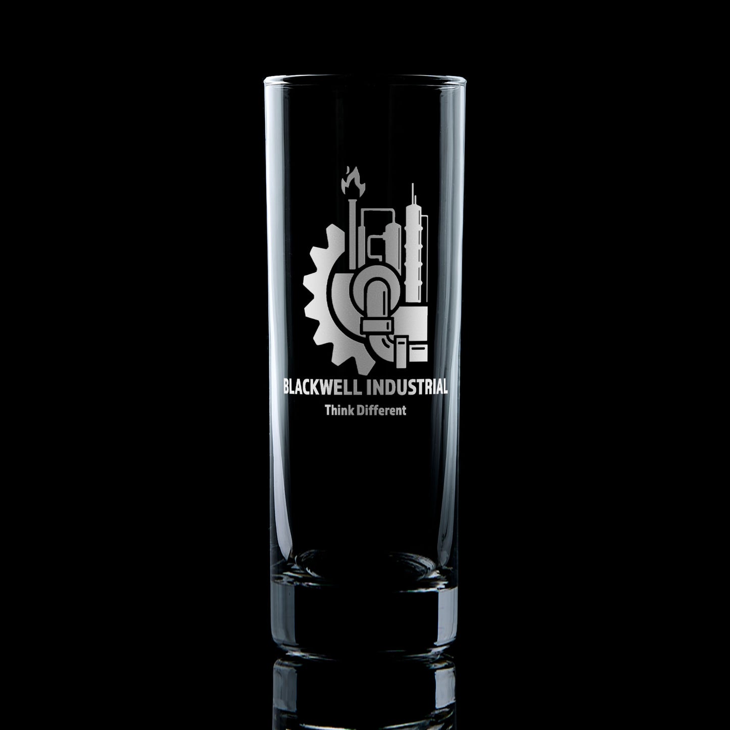 Tall Collins glass engraved with a company logo, ideal for cocktails and brand activations.