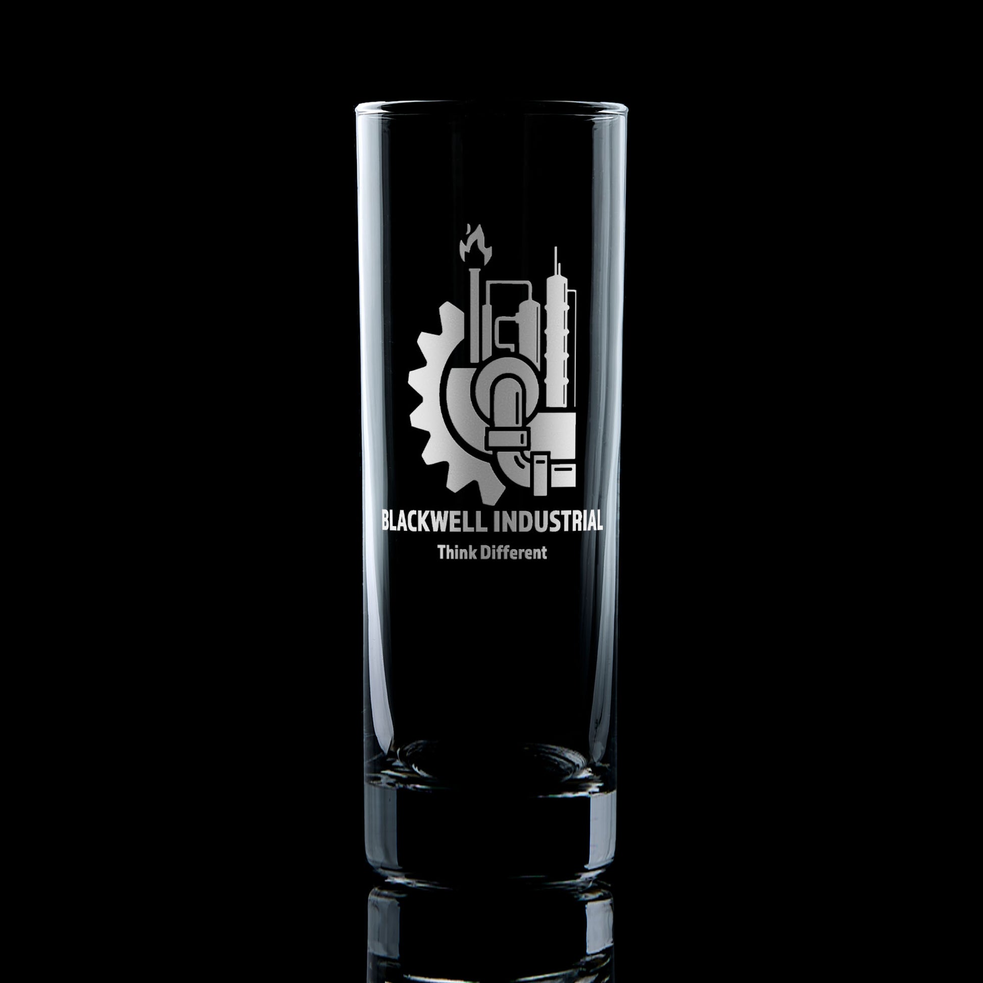 Tall Collins glass engraved with a company logo, ideal for cocktails and brand activations.