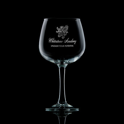 Large balloon-style gin glass engraved with a company logo, perfect for events, bars, or corporate gifts.