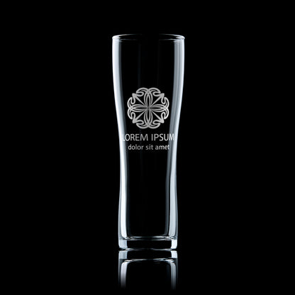 Custom engraved pint glass featuring a company logo, ideal for branded gifting or hospitality use.