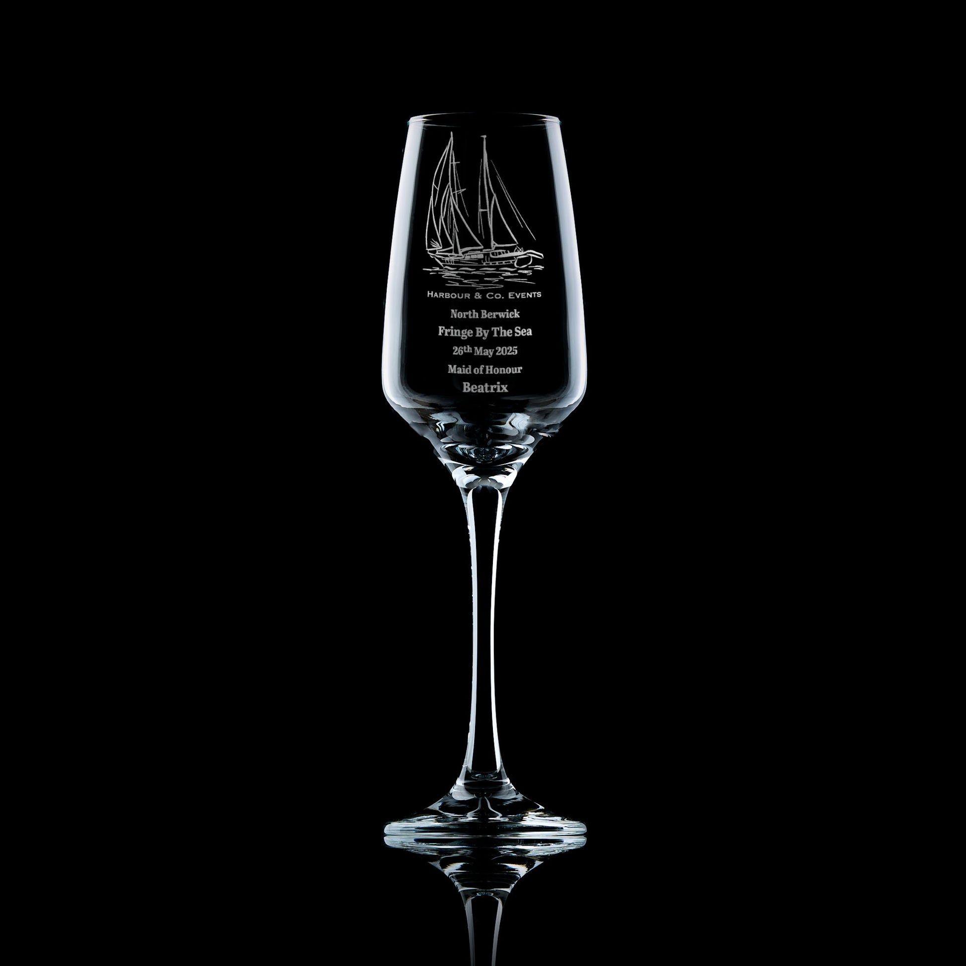 Stylish prosecco glass engraved with a company logo, great for brand events or client gifts.
