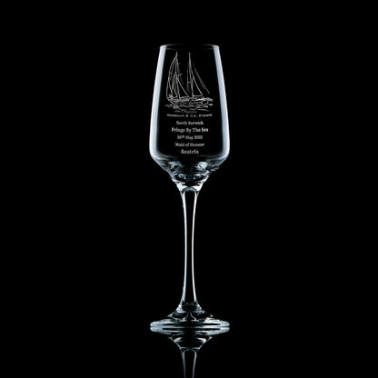 Stylish prosecco glass engraved with a company logo, great for brand events or client gifts.
