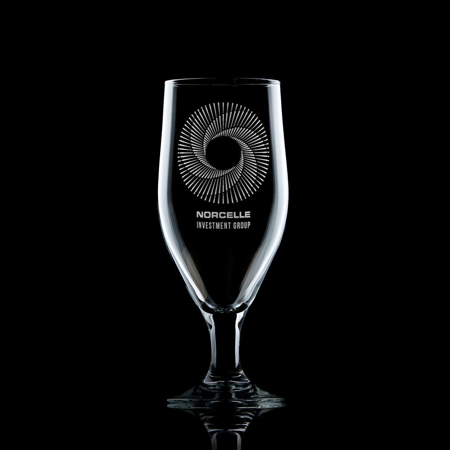 Personalised stemmed beer glass featuring an intricate engravng of an investemnet group corporate logo