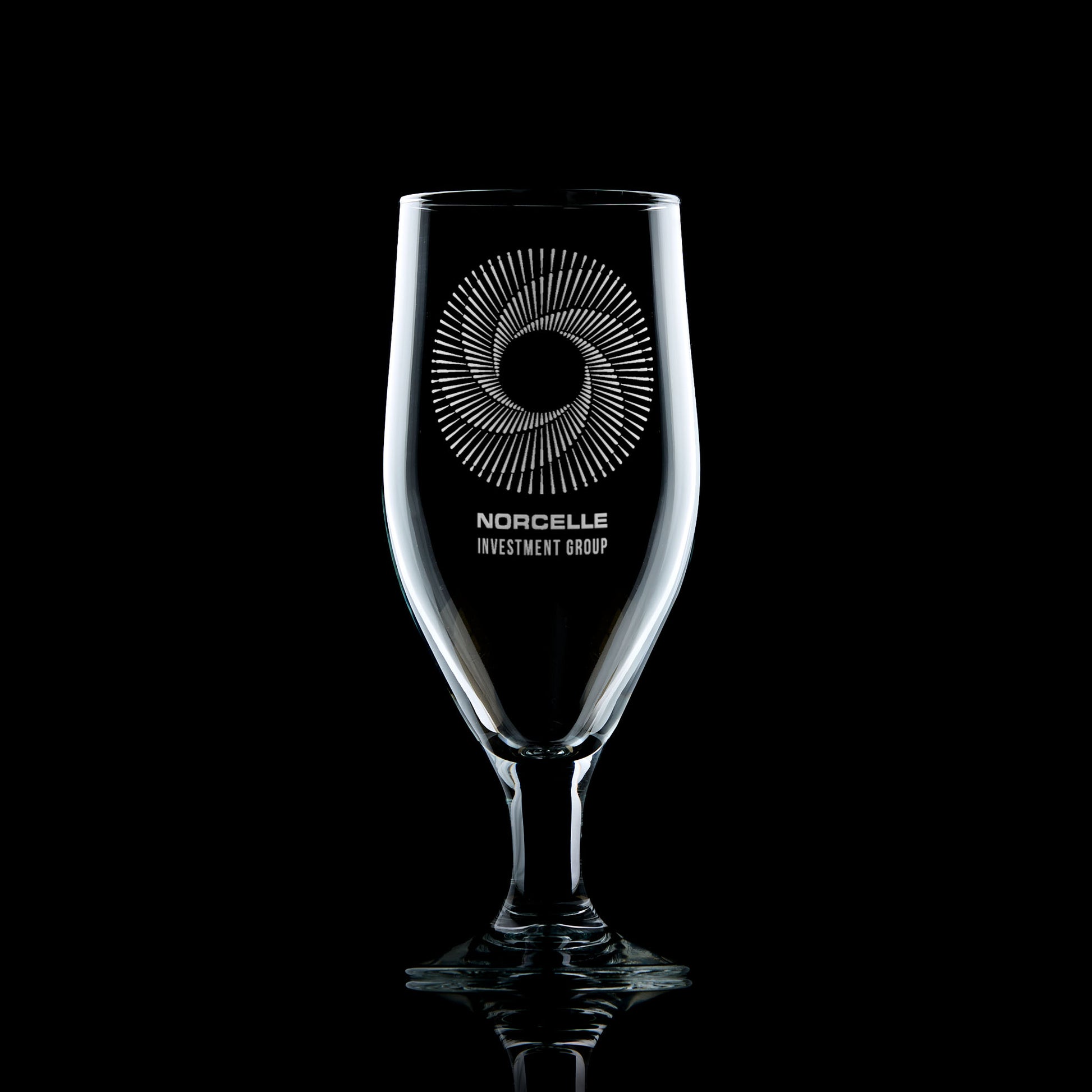 Personalised stemmed beer glass featuring an intricate engravng of an investemnet group corporate logo