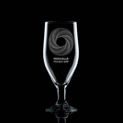 Personalised stemmed beer glass featuring an intricate engravng of an investemnet group corporate logo