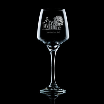 Premium wine glass engraved with a corporate logo, perfect for hospitality, brand events, or gifting.