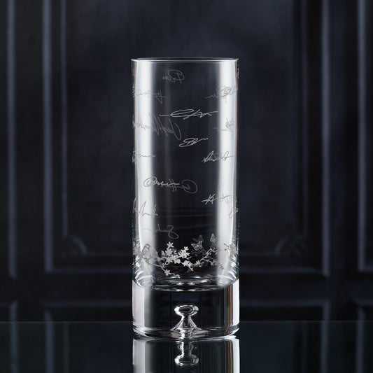 Corporate engraved cylinder vase with bubble base and logo. Deep satin finish.