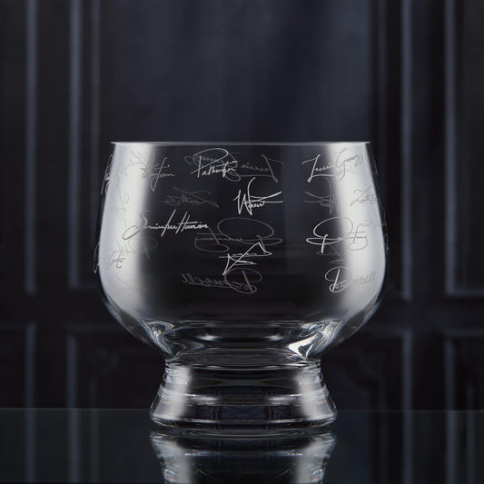 Hand-engraved presentation bowl with team signatures and space for company logo