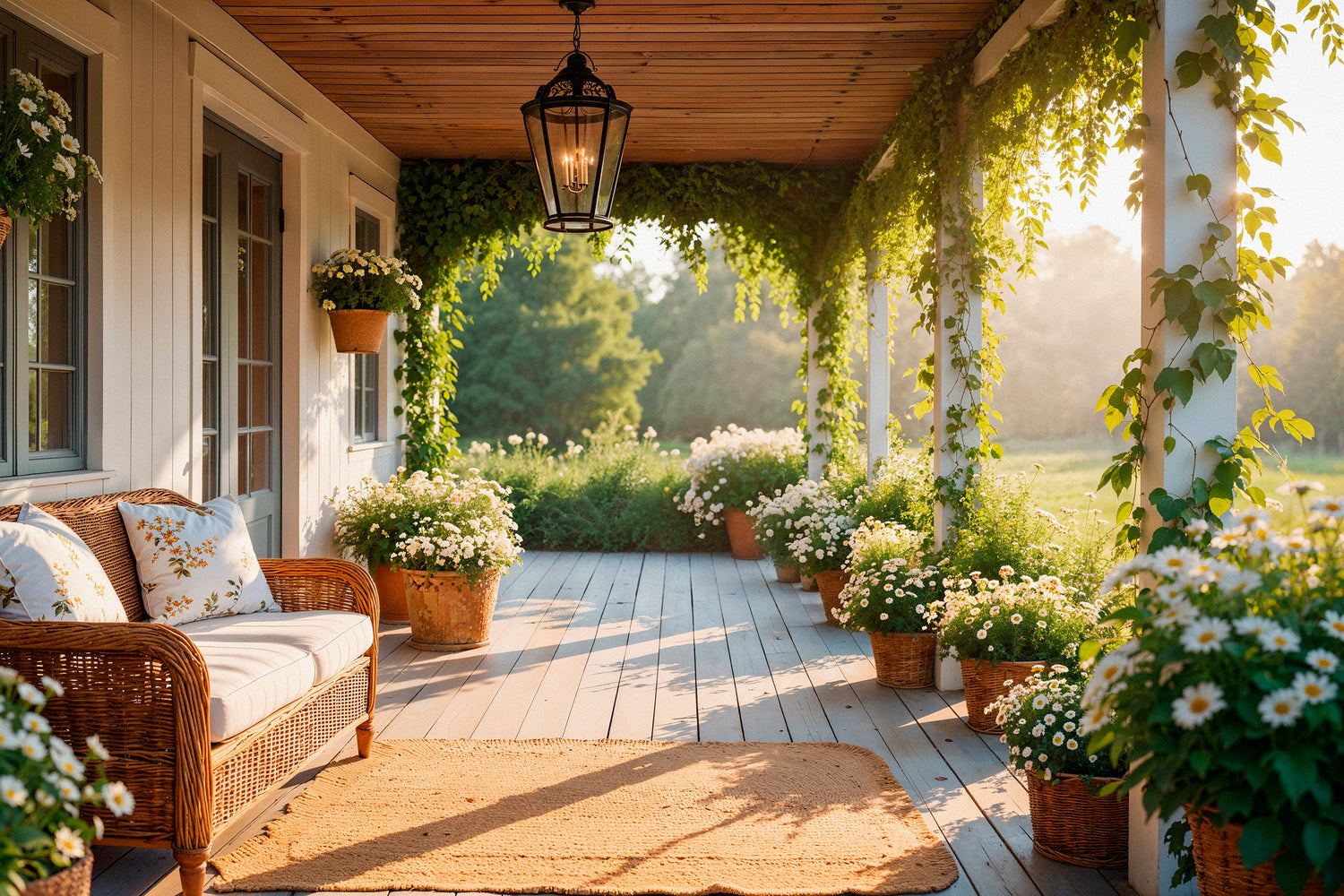Decorative outdoor porch with wicker furniture, potted plants, and a lantern.