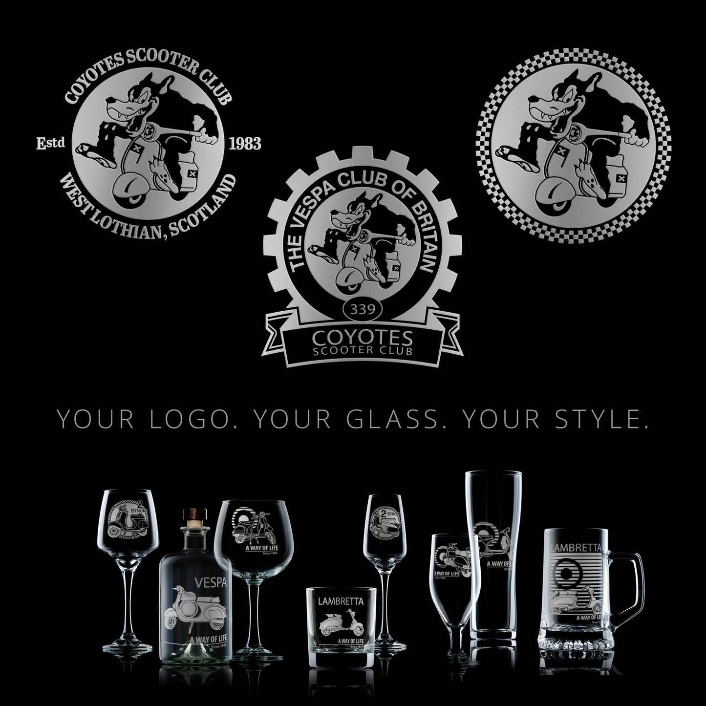 scooter club logos engraved onto your choice of glassware