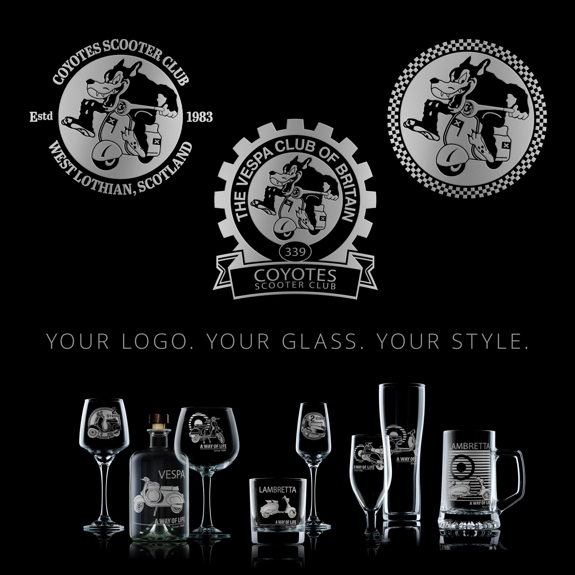 scooter club logos engraved onto your choice of glassware