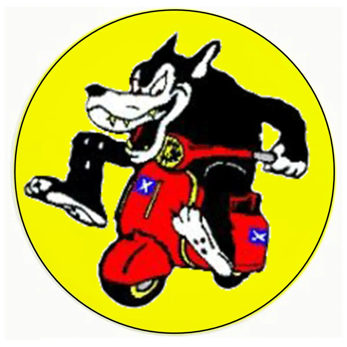 Cartoon coyote character on a red scooter with a yellow background