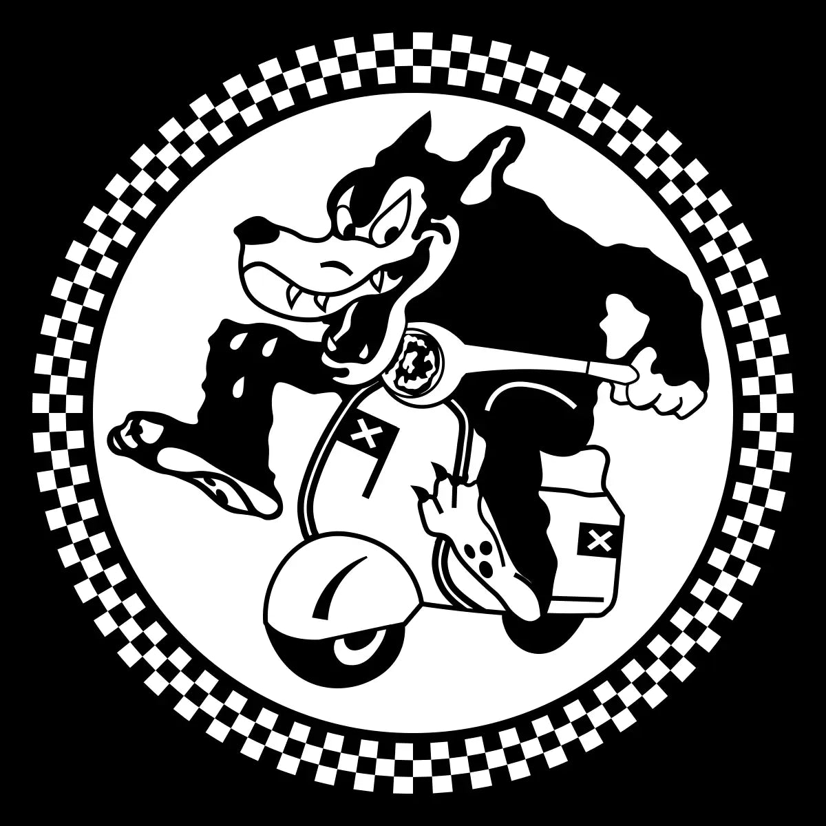 Cartoon coyote character on a scooter with a checkered border