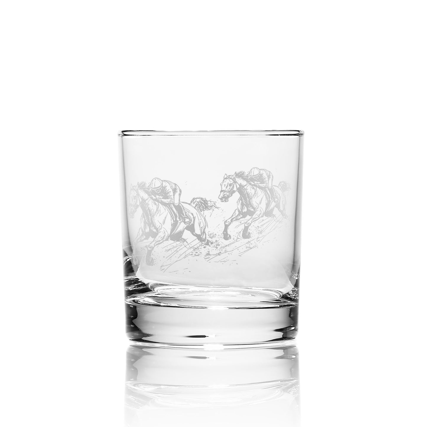 Personalised horse racing whisky glass with engraved event name and logo – ideal for jockeys or corporate racing events