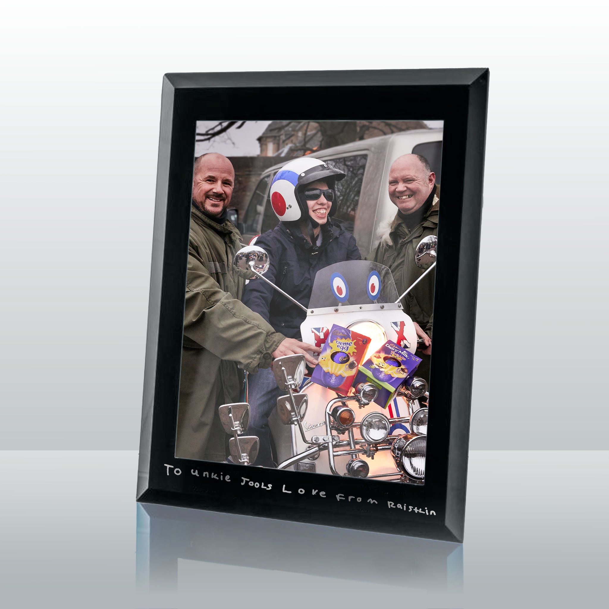Custom Scooter Photo Frame with personalised handwriting Engraved on glass