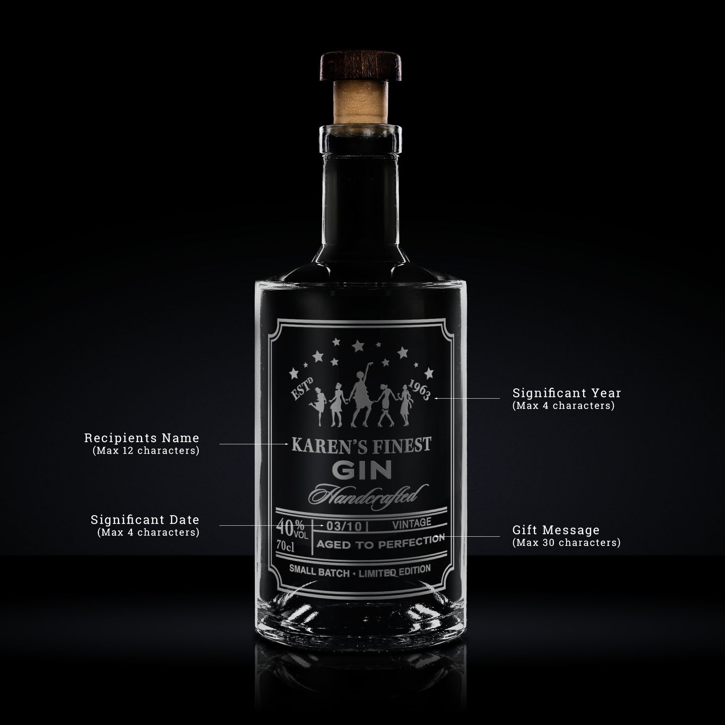 personalied Etched gin bottle with engraved dancers