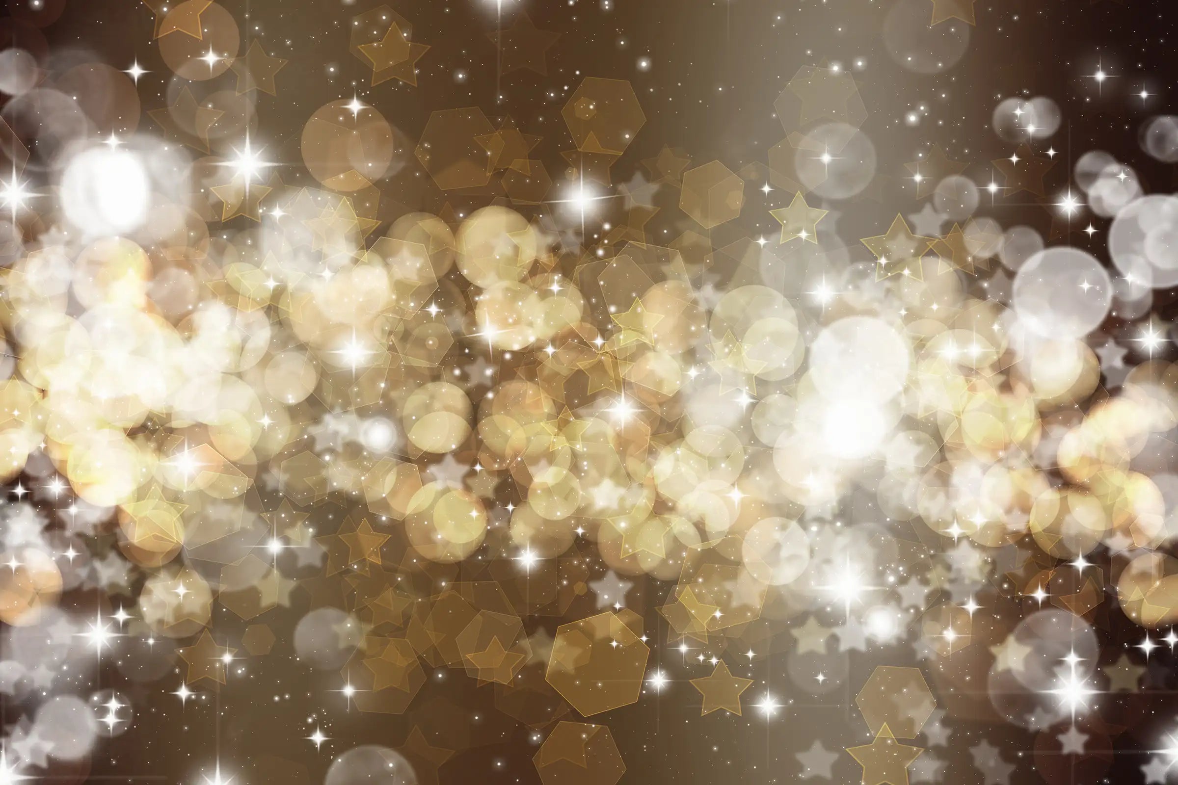 Bokeh effect with gold and white lights on a dark background