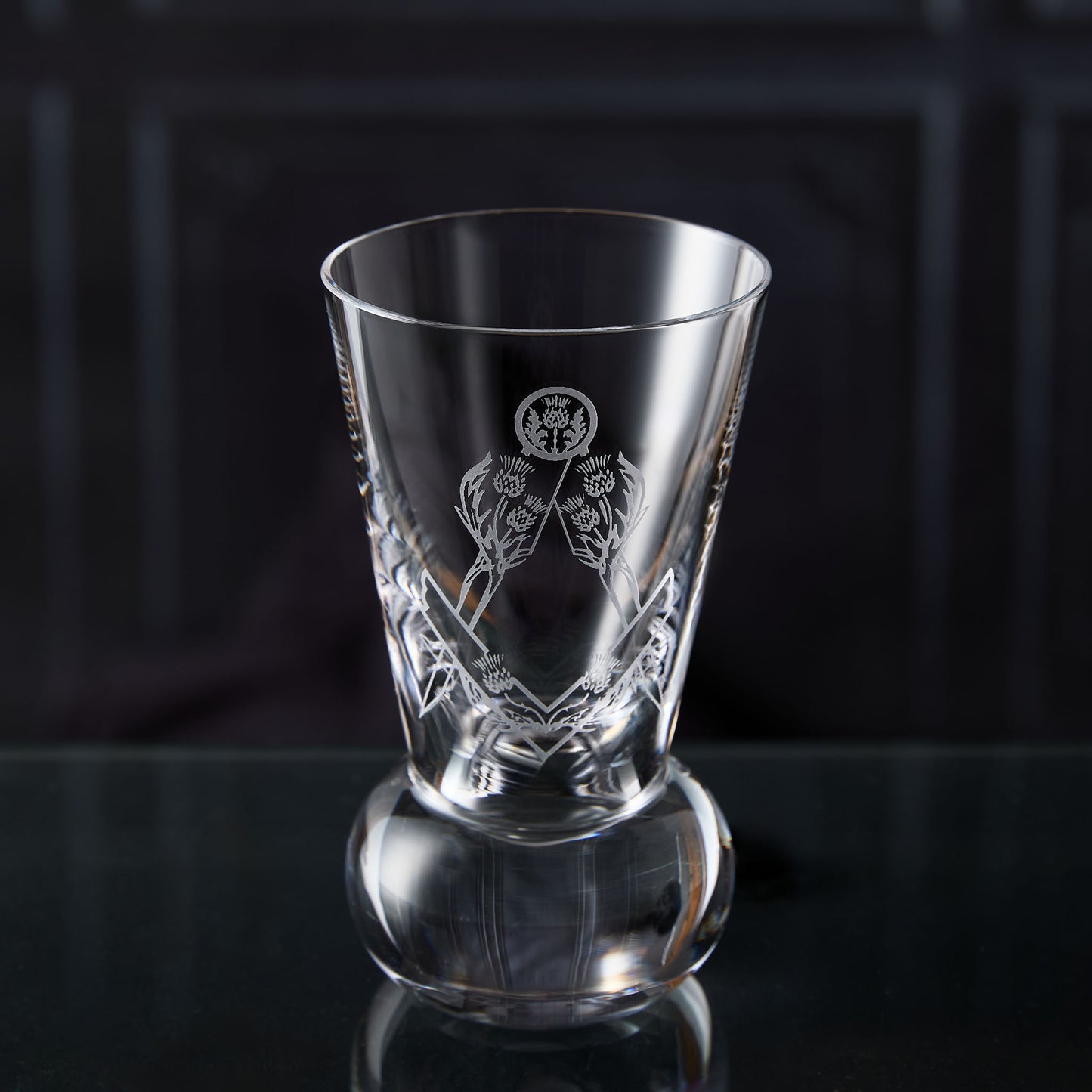 Crystal firing glass engraved with Scottish Constitution depute master collar jewel Scottish Constitution and thistle design