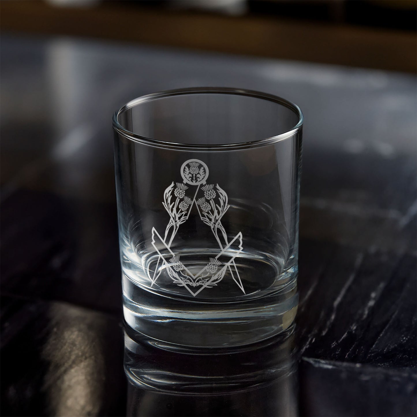 Masonic whisky glass engraved with Depute Master Craft Officers Collar Jewel from Scottish Constitution