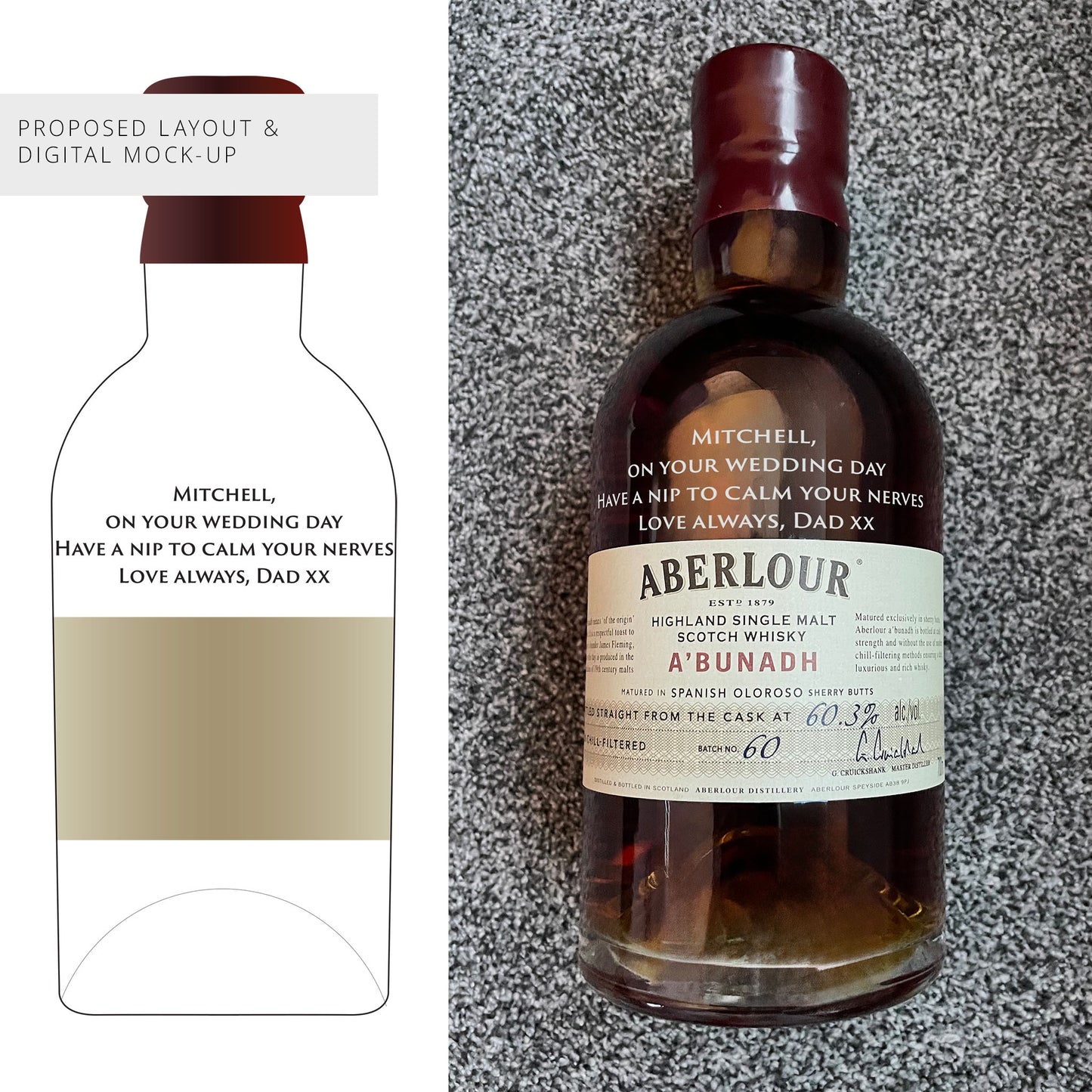 Digital mock-up of a full whisky bottle with engraved message shown alongside vector artwork for customer approval
