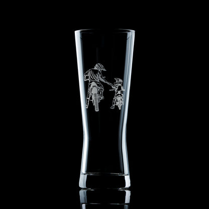 Engraved pint glass with a dirt bike ‘Best Friends for Life’ design showing a father and son riding together
