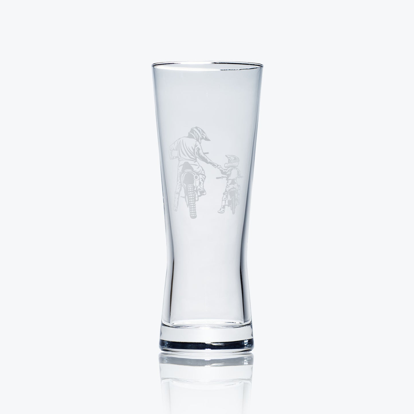 pilsner beer glass engraved with motocross riders, father and son