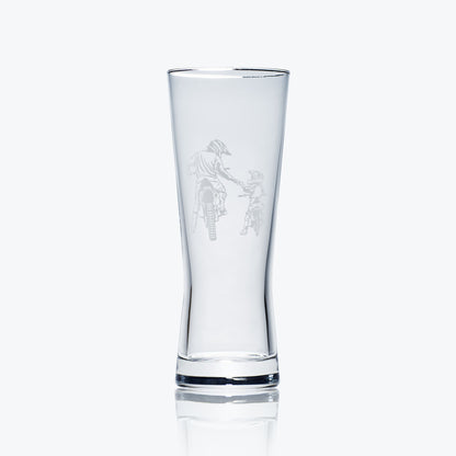 pilsner beer glass engraved with two motocross riders, best friends