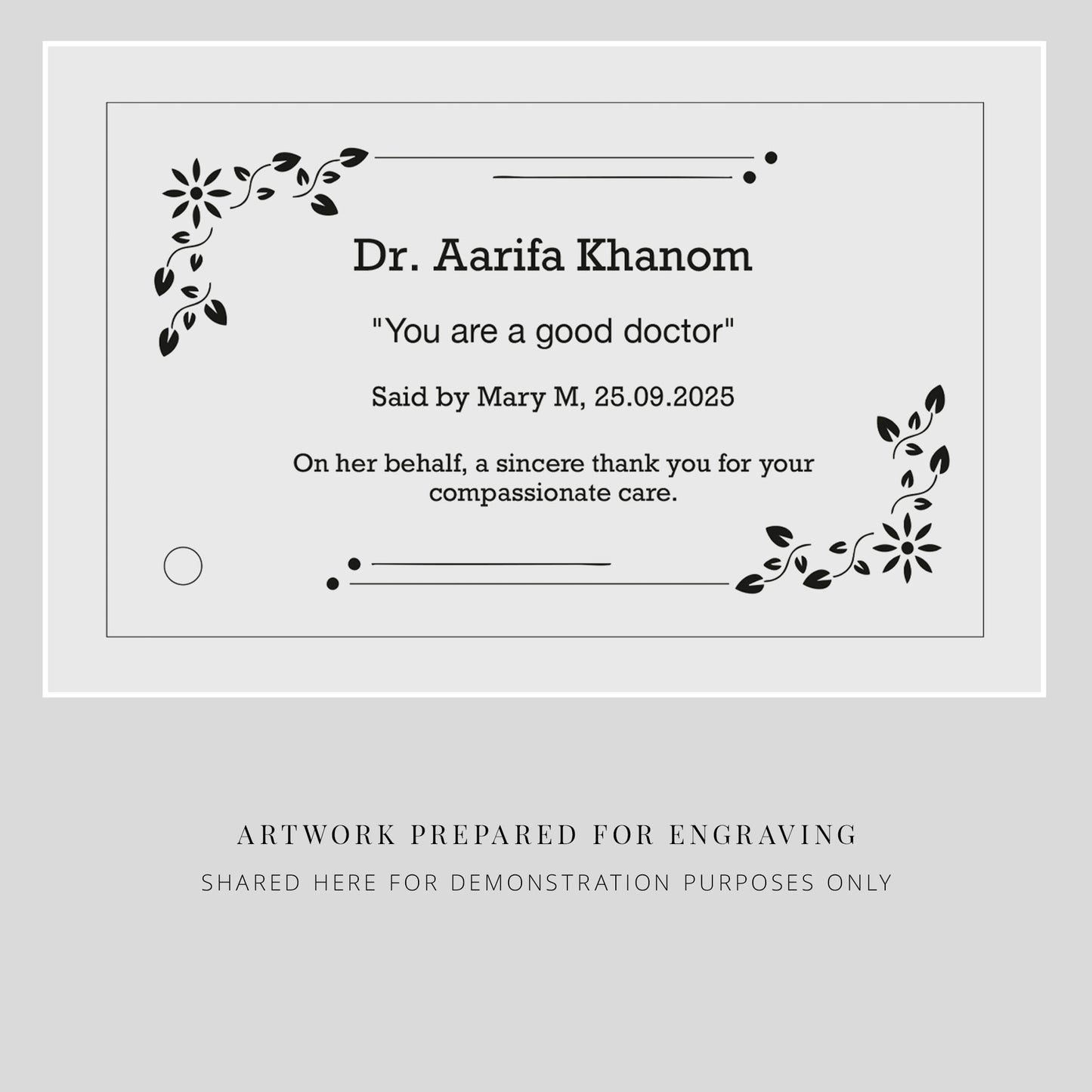 Artwork for engraving with text praising a doctor on a gray background