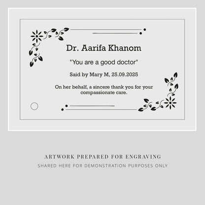 Artwork for engraving with text praising a doctor on a gray background