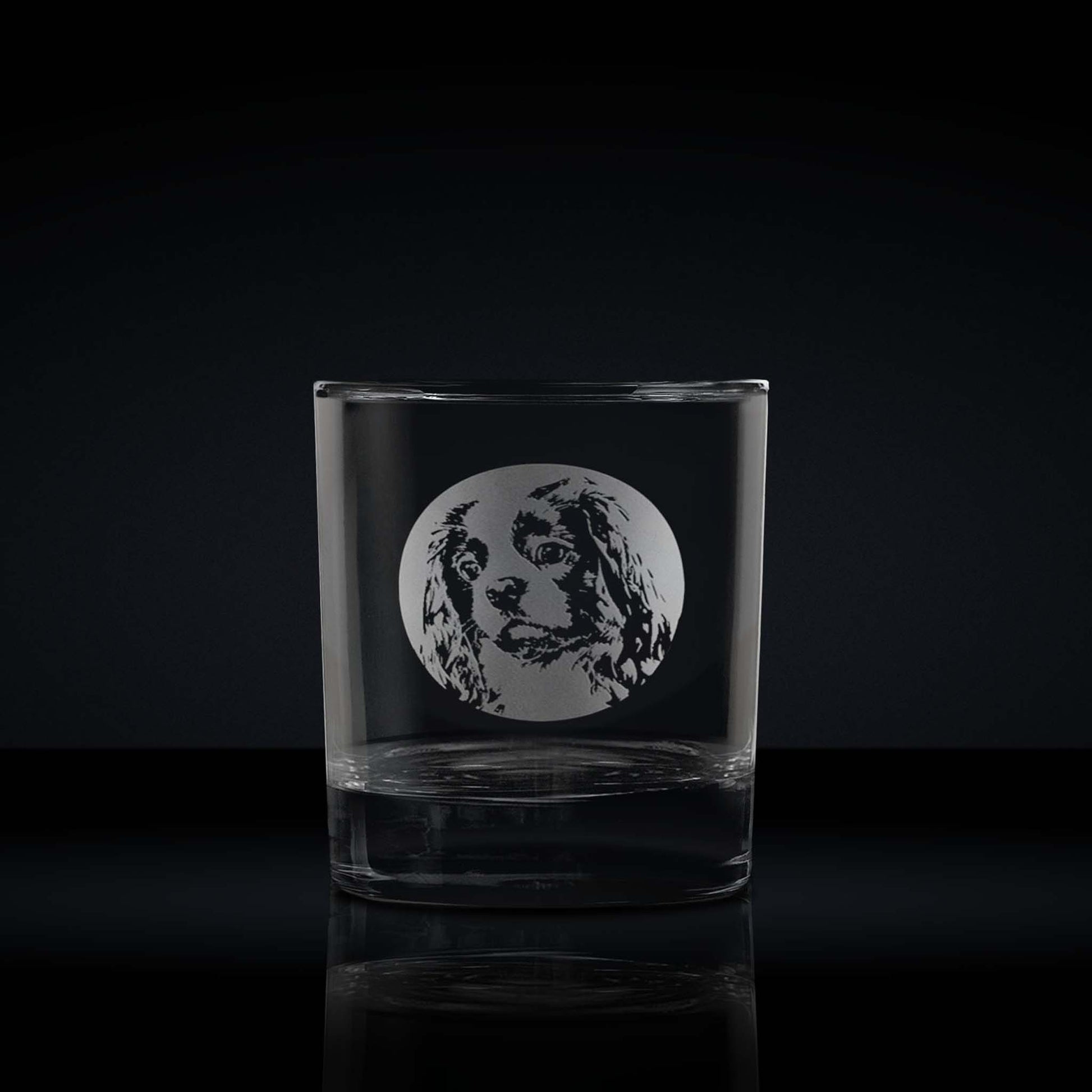 pet dog whisky glass engraved  with a king charles spaniel portrait