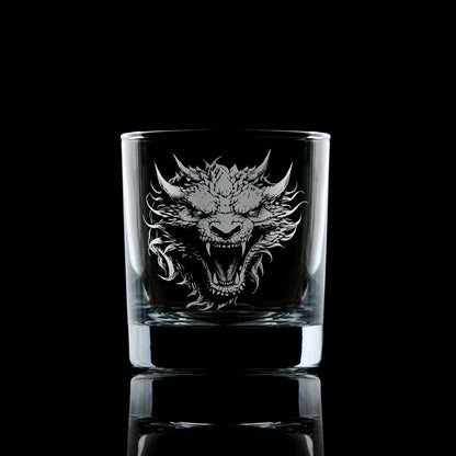 whisky glass engraved with a portraint of a dragon