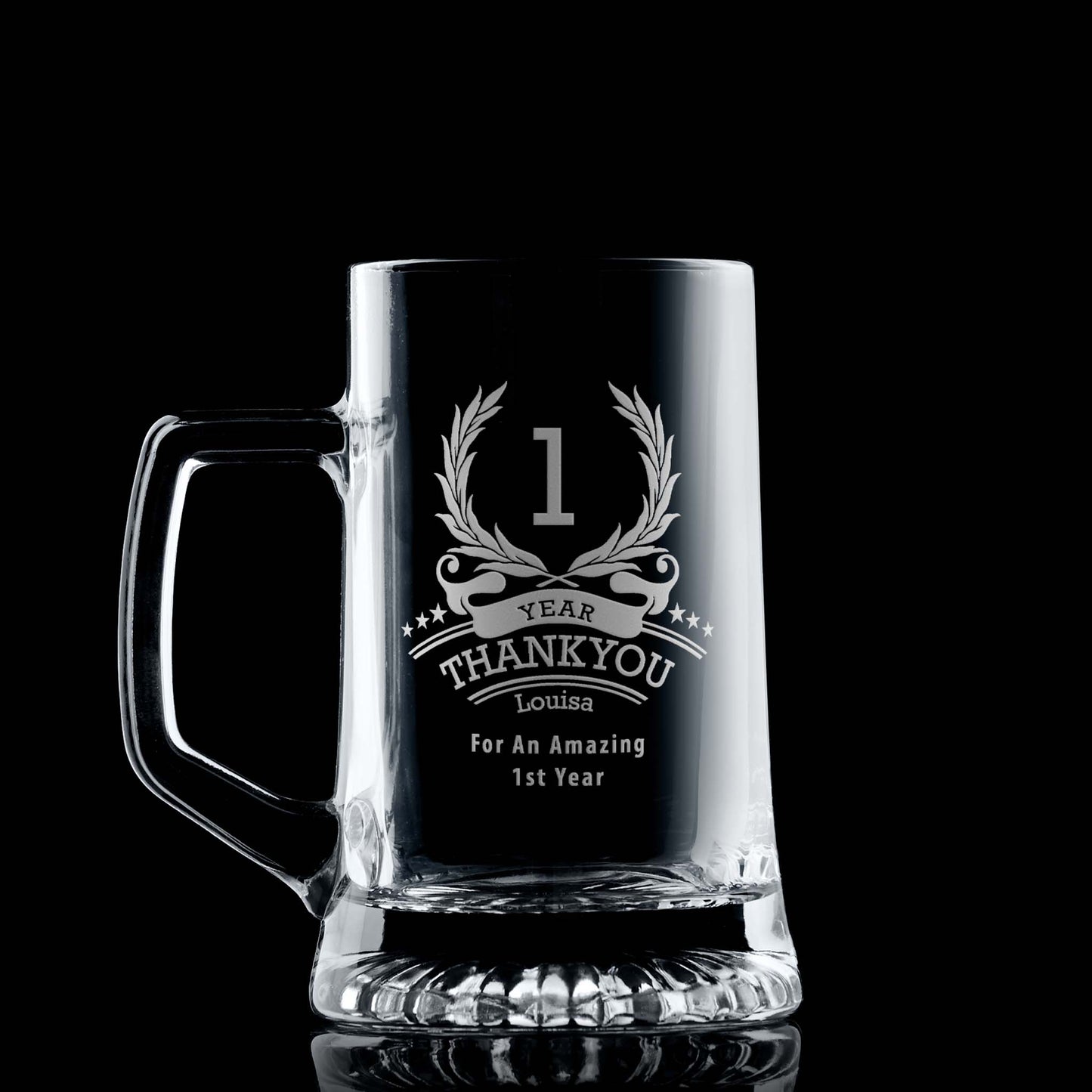 1-year anniversary tankard with engraved laurel wreath, six stars, and personalised dedication on black background