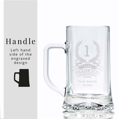 Work anniversary tankard with engraved laurel wreath, six stars, and personalised dedication