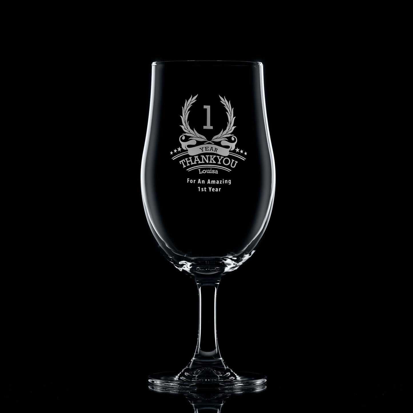 Engraved beer glass with ‘1’ inside a laurel wreath, six stars, recipient name, and club message