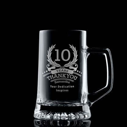 10-year anniversary tankard with engraved laurel wreath, six stars, and personalised dedication