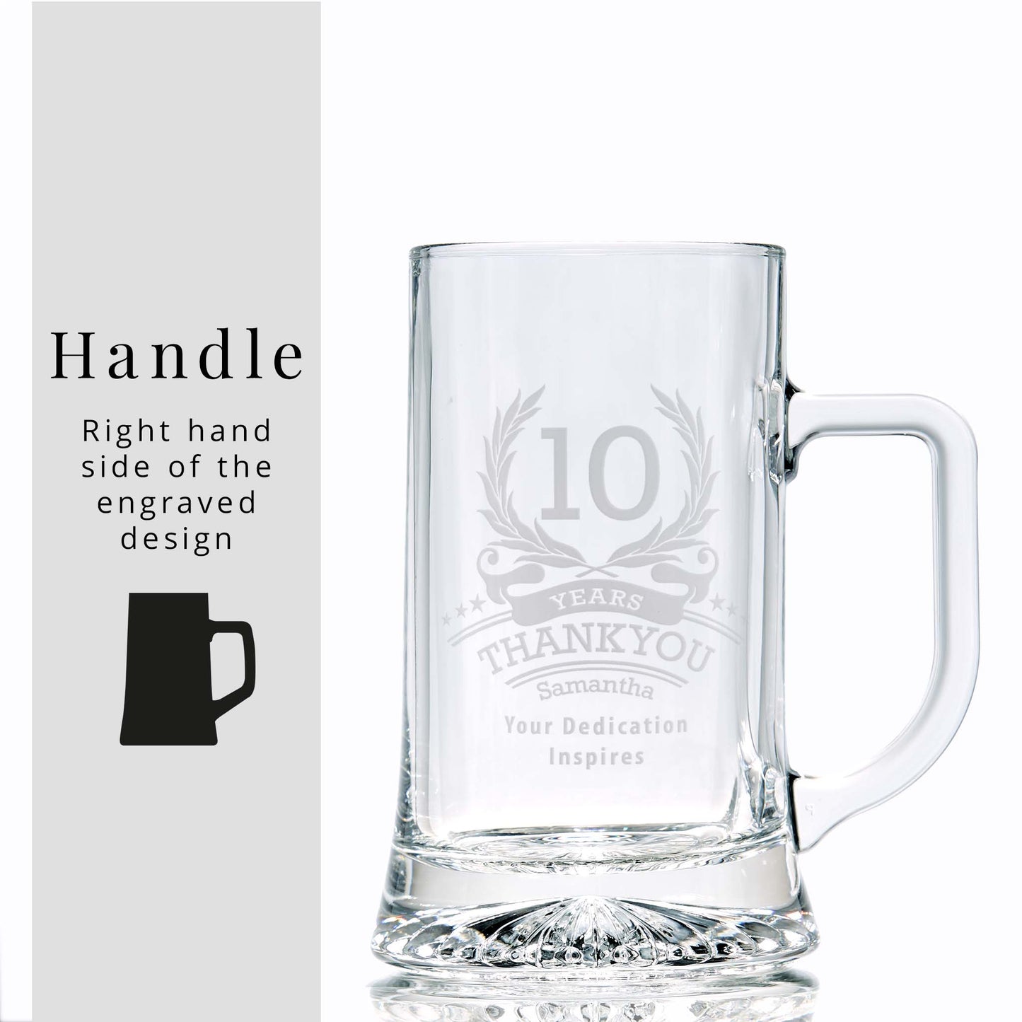 10-year anniversary tankard with engraved laurel wreath, six stars, and personalised dedication on white background