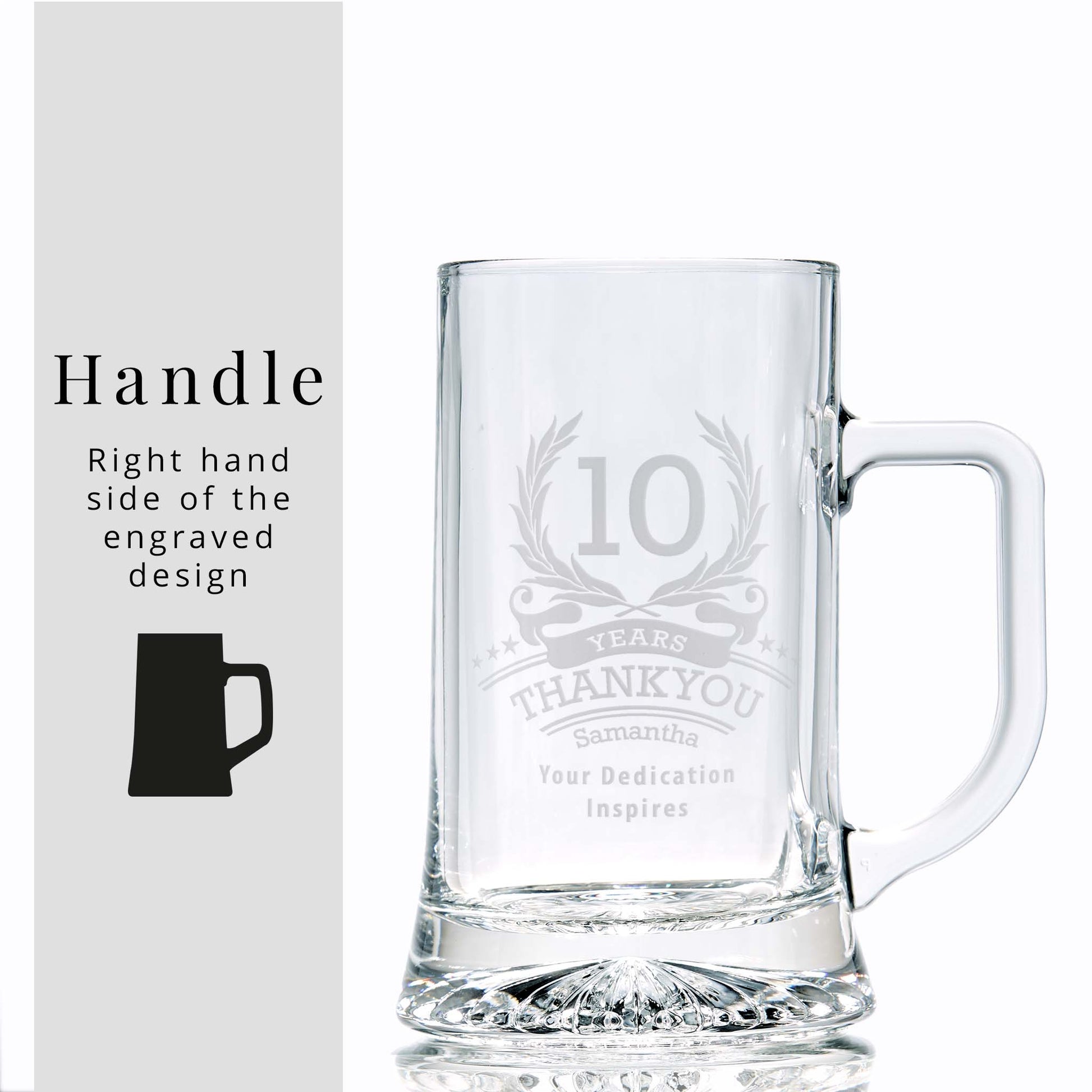 10-year anniversary tankard with engraved laurel wreath, six stars, and personalised dedication on white background
