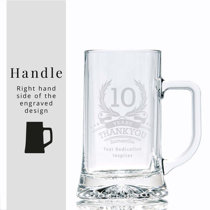10-year anniversary tankard with engraved laurel wreath, six stars, and personalised dedication on white background